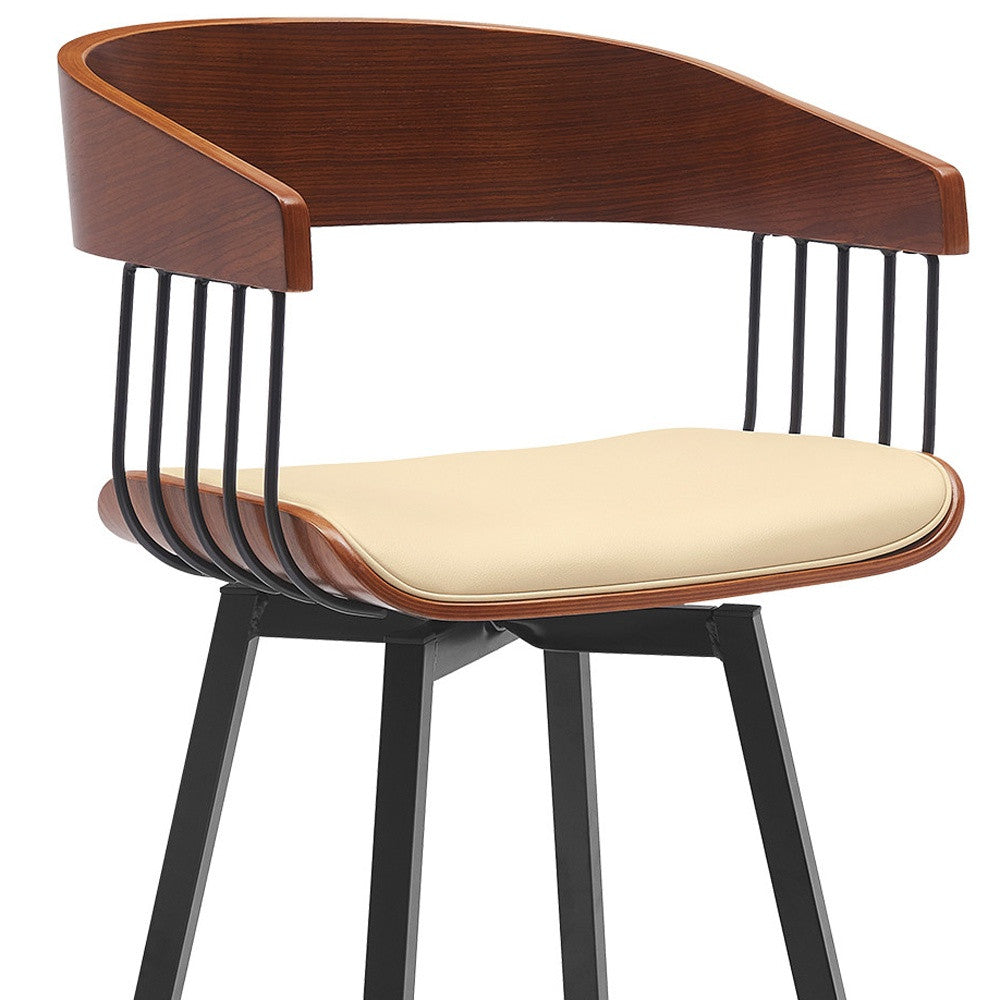 31" Cream and Black Faux Leather with Metal Swivel Bar Height Bar Chair-7