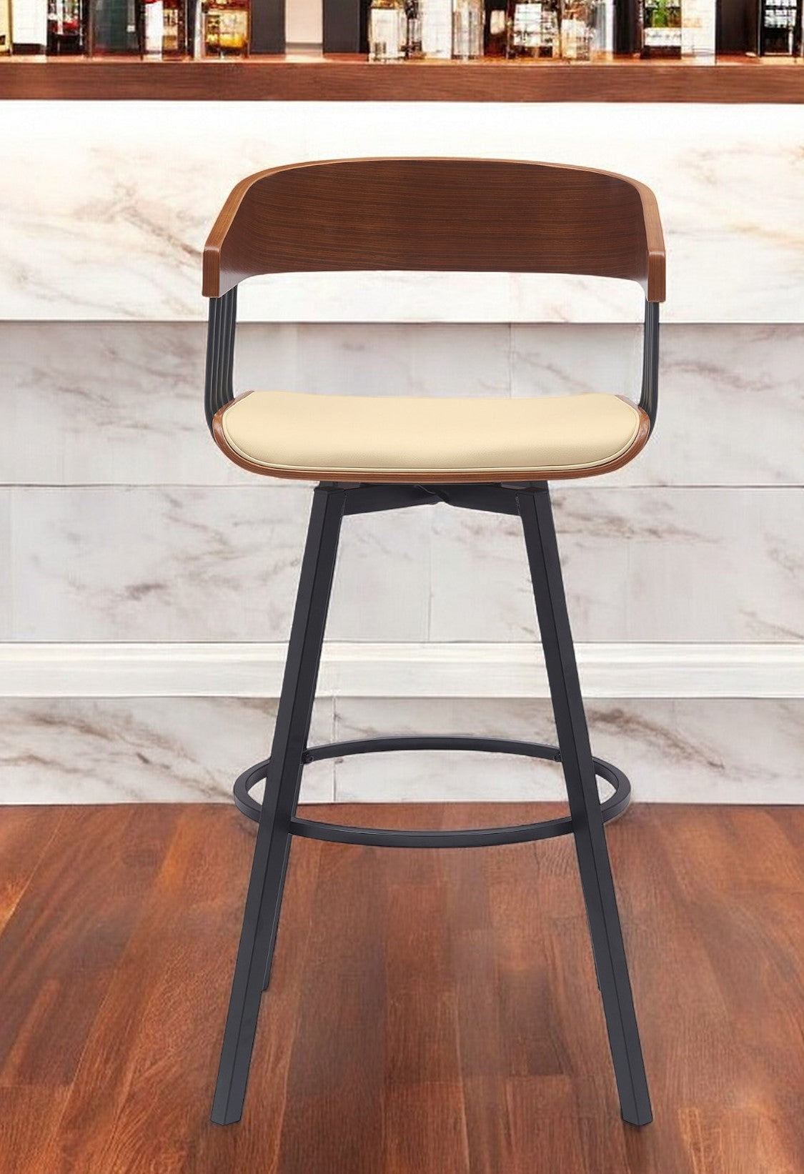 31" Cream and Black Faux Leather with Metal Swivel Bar Height Bar Chair-0