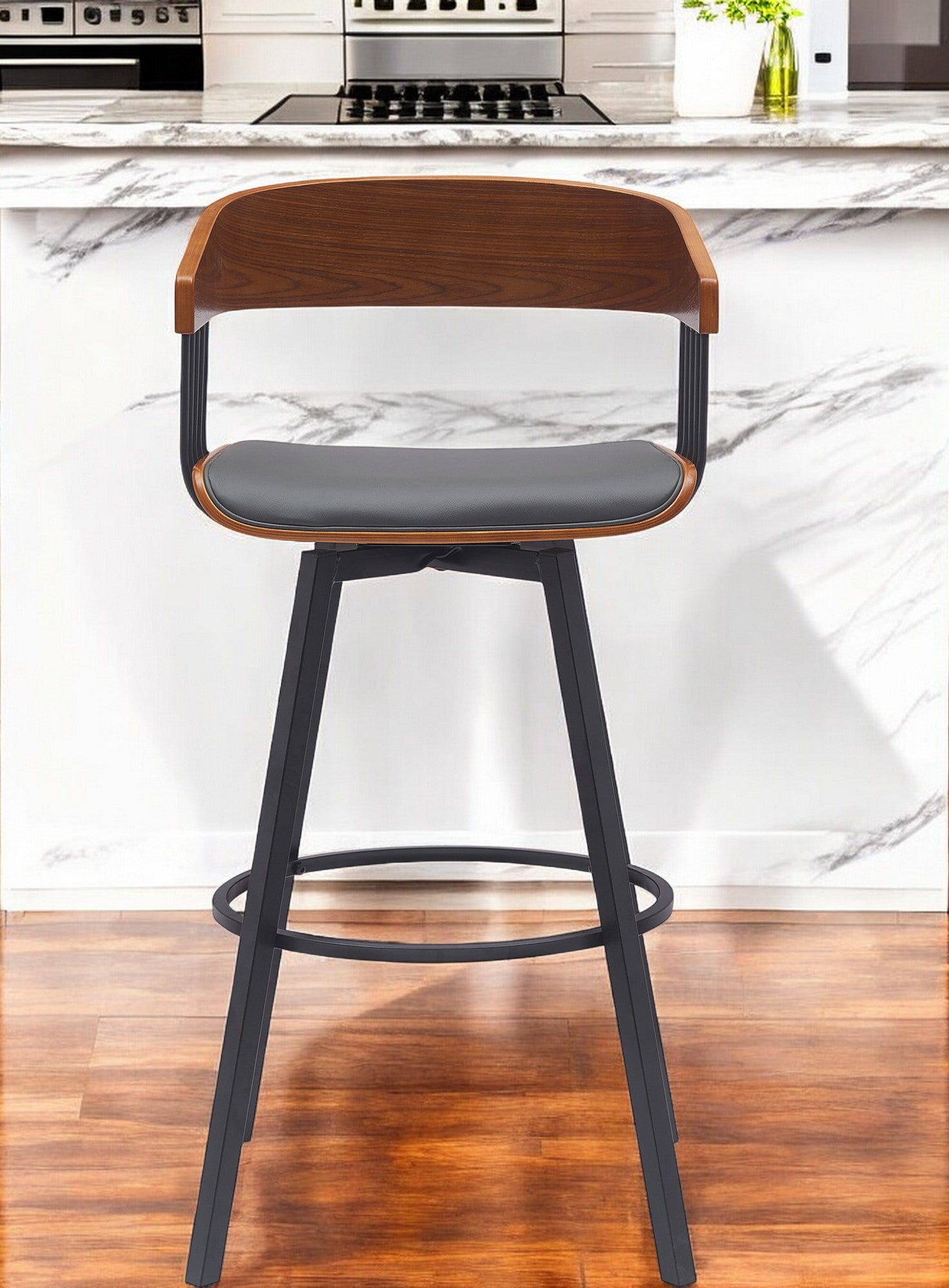 31" Gray and Black Faux Leather with Metal Swivel Bar Height Bar Chair-1