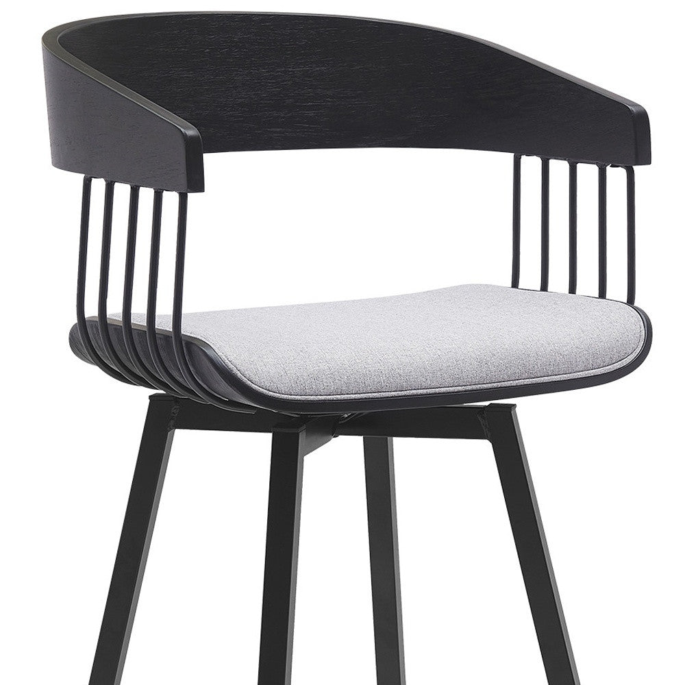 31" Light Gray and Black Fabric with Metal Swivel Bar Height Bar Chair-7