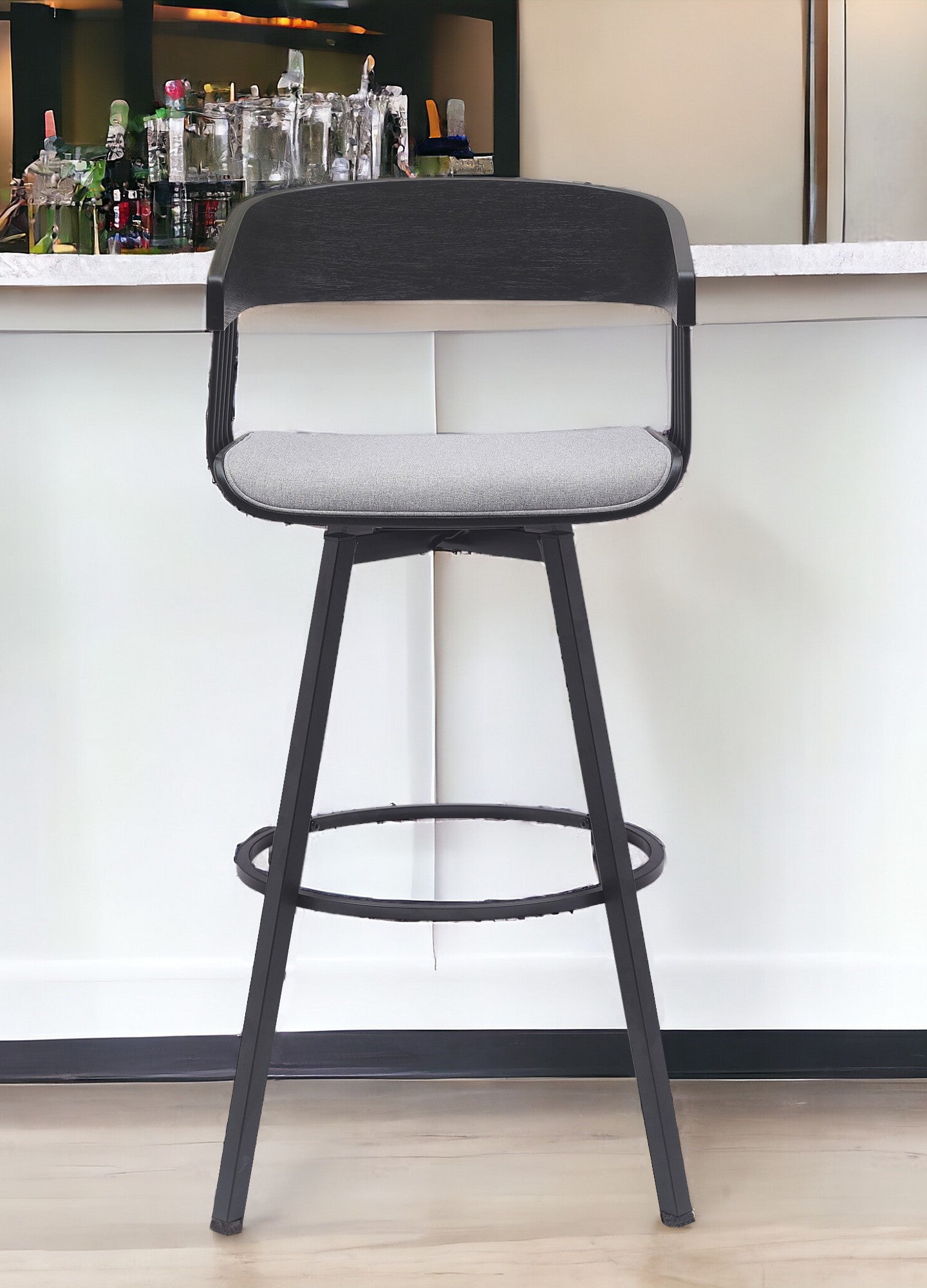 31" Light Gray and Black Fabric with Metal Swivel Bar Height Bar Chair-0