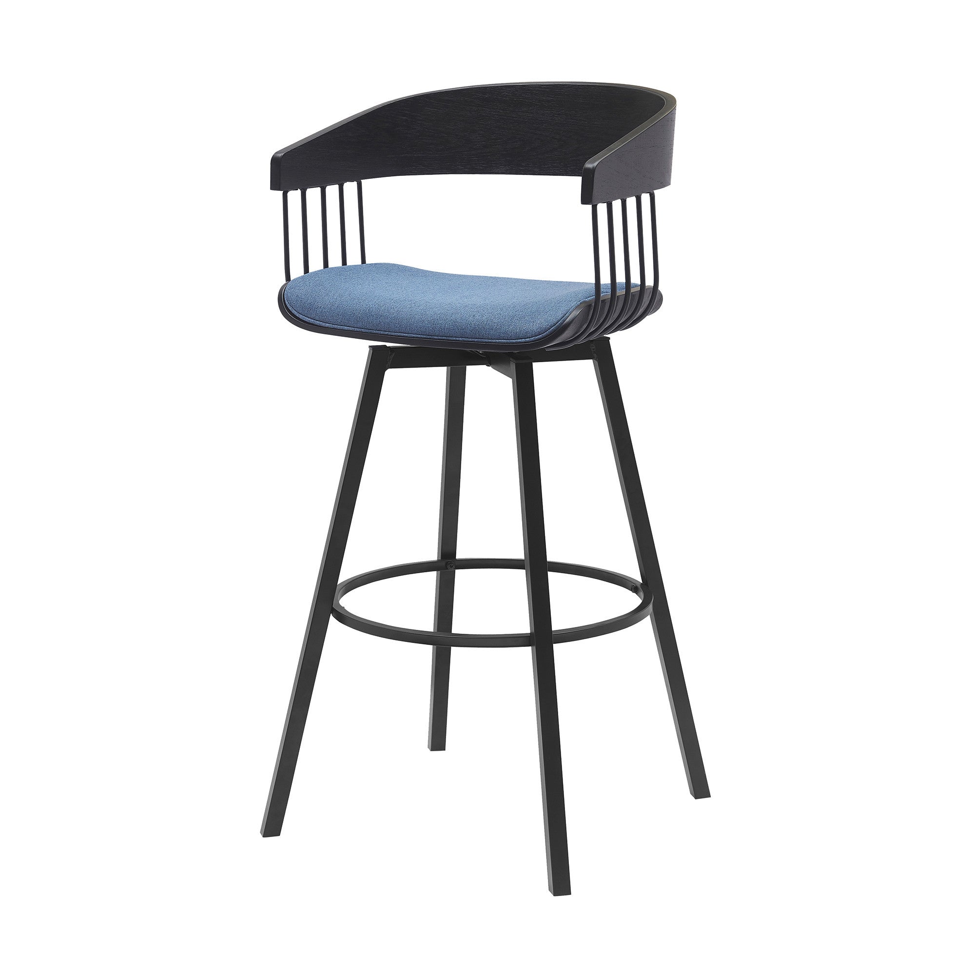 31" Blue and Black Fabric with Metal Swivel Bar Height Bar Chair-4