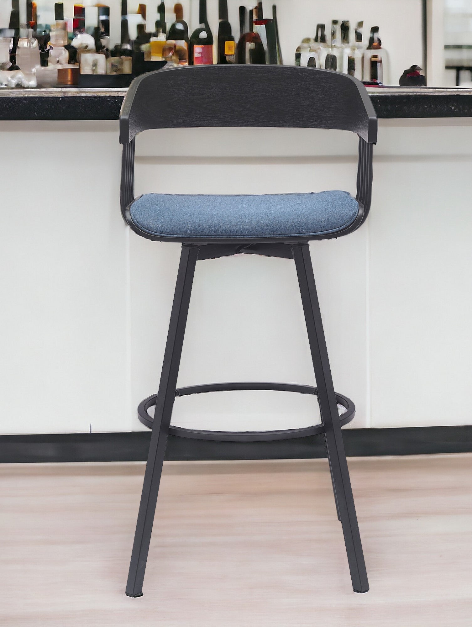 31" Blue and Black Fabric with Metal Swivel Bar Height Bar Chair-0