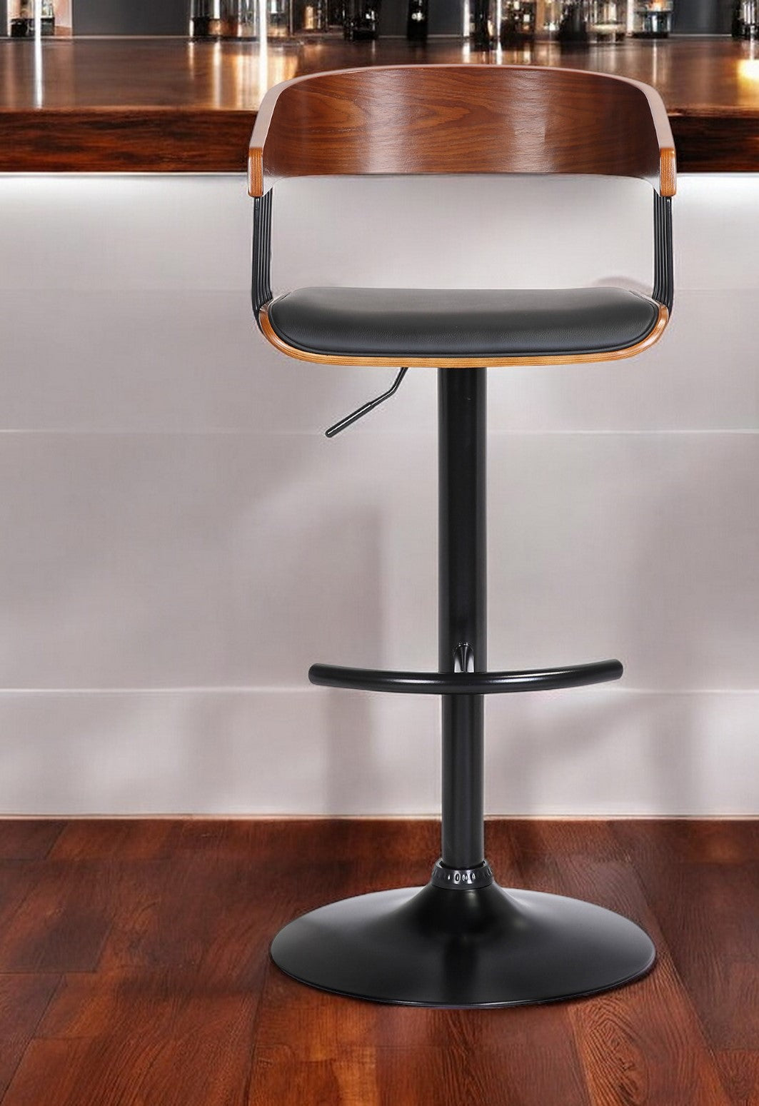 Black Faux Leather And Metal Swivel Adjustable Height Bar Chair-1