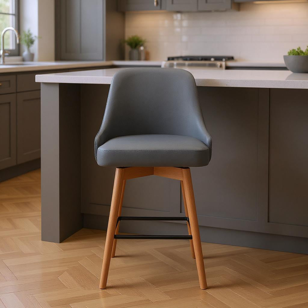 26" Gray and Wood Brown Faux Leather with Solid Wood Swivel Counter Height Bar Chair-0