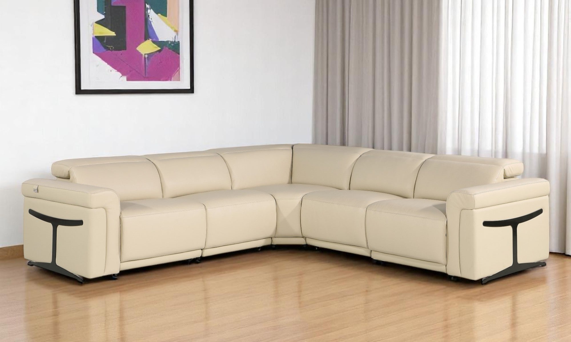 Beige Italian Leather Modular L Shaped Five Piece Corner Sectional-0