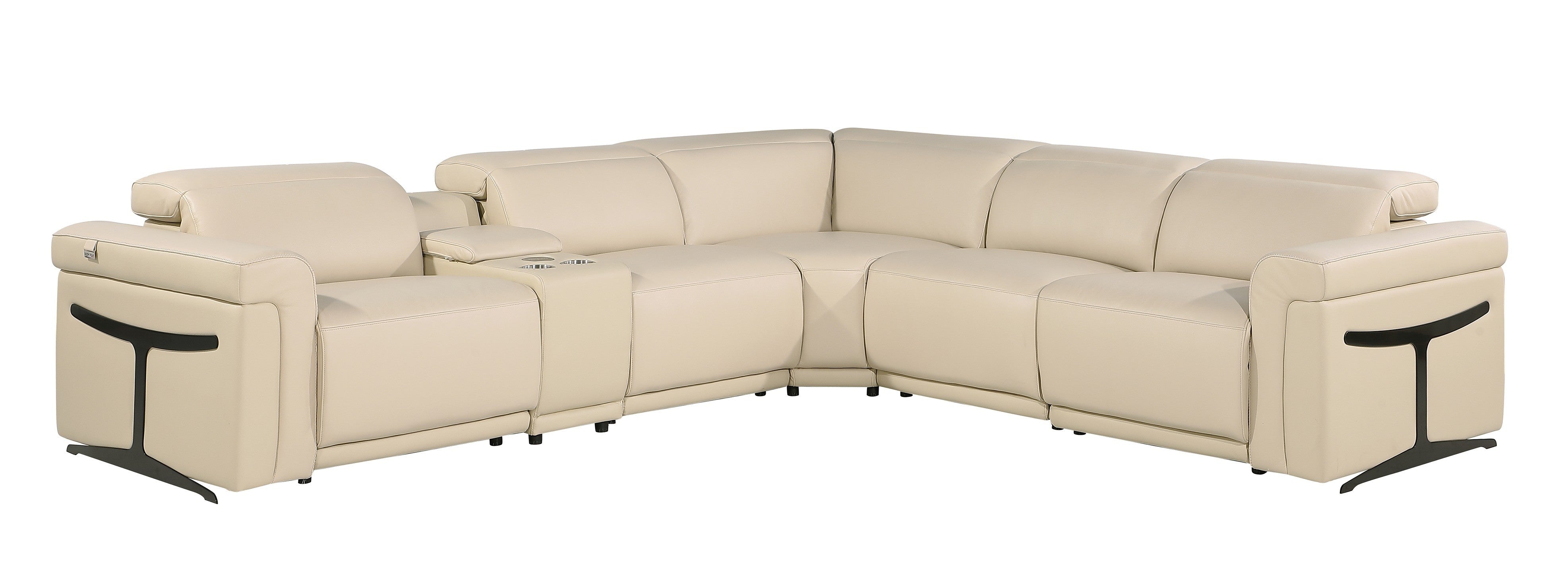 Beige Italian Leather Modular L Shaped Six Piece Corner Sectional With Console-1