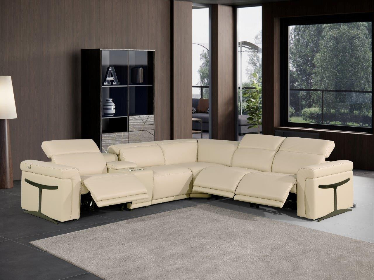 Beige Italian Leather Modular L Shaped Six Piece Corner Sectional With Console-8