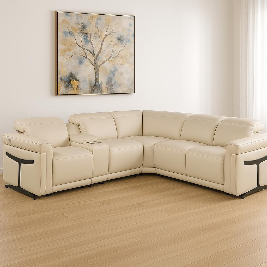 Beige Italian Leather Modular L Shaped Six Piece Corner Sectional With Console-0