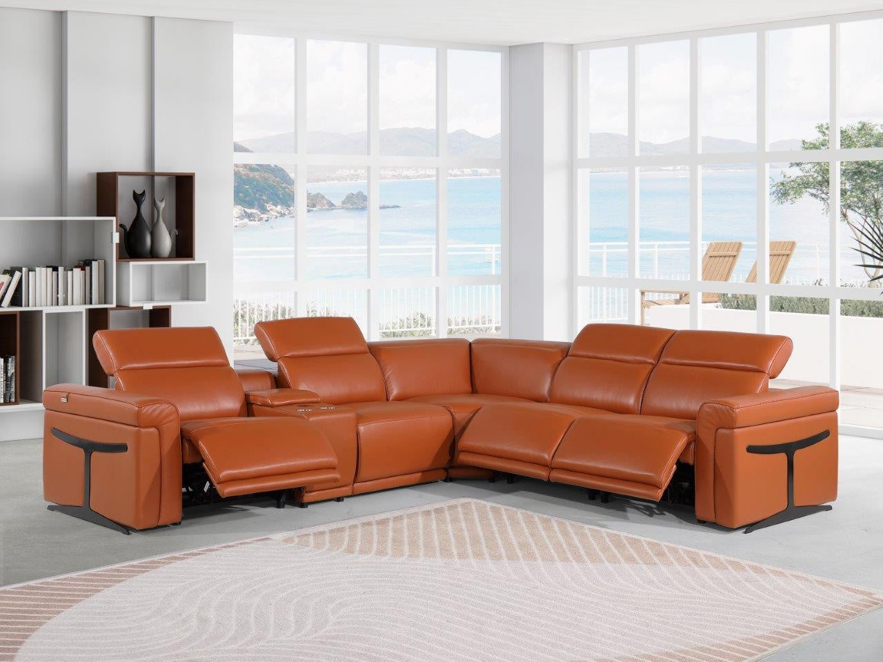 Camel Italian Leather Modular L Shaped Six Piece Corner Sectional With Console-8