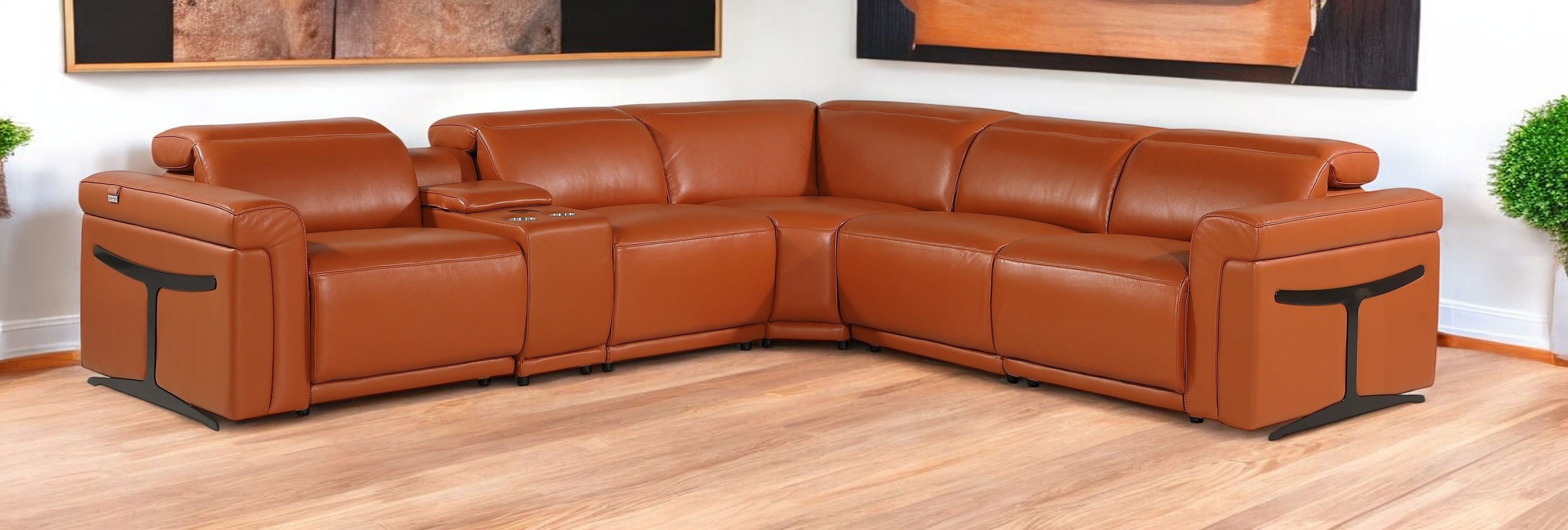 Camel Italian Leather Modular L Shaped Six Piece Corner Sectional With Console-0