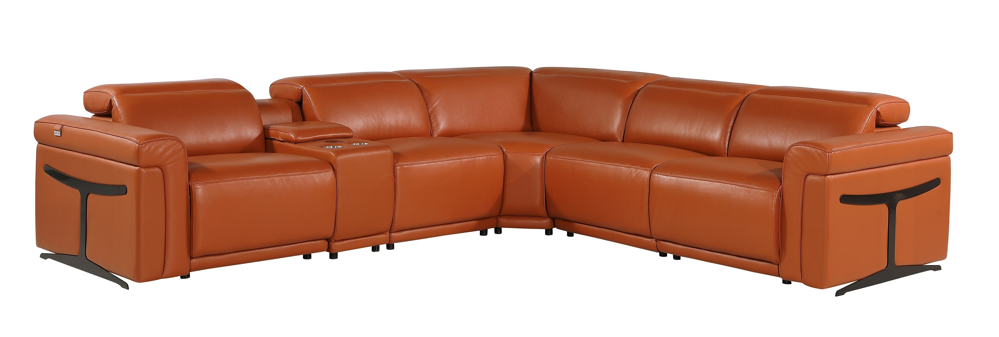 Camel Italian Leather Modular L Shaped Six Piece Corner Sectional With Console-1