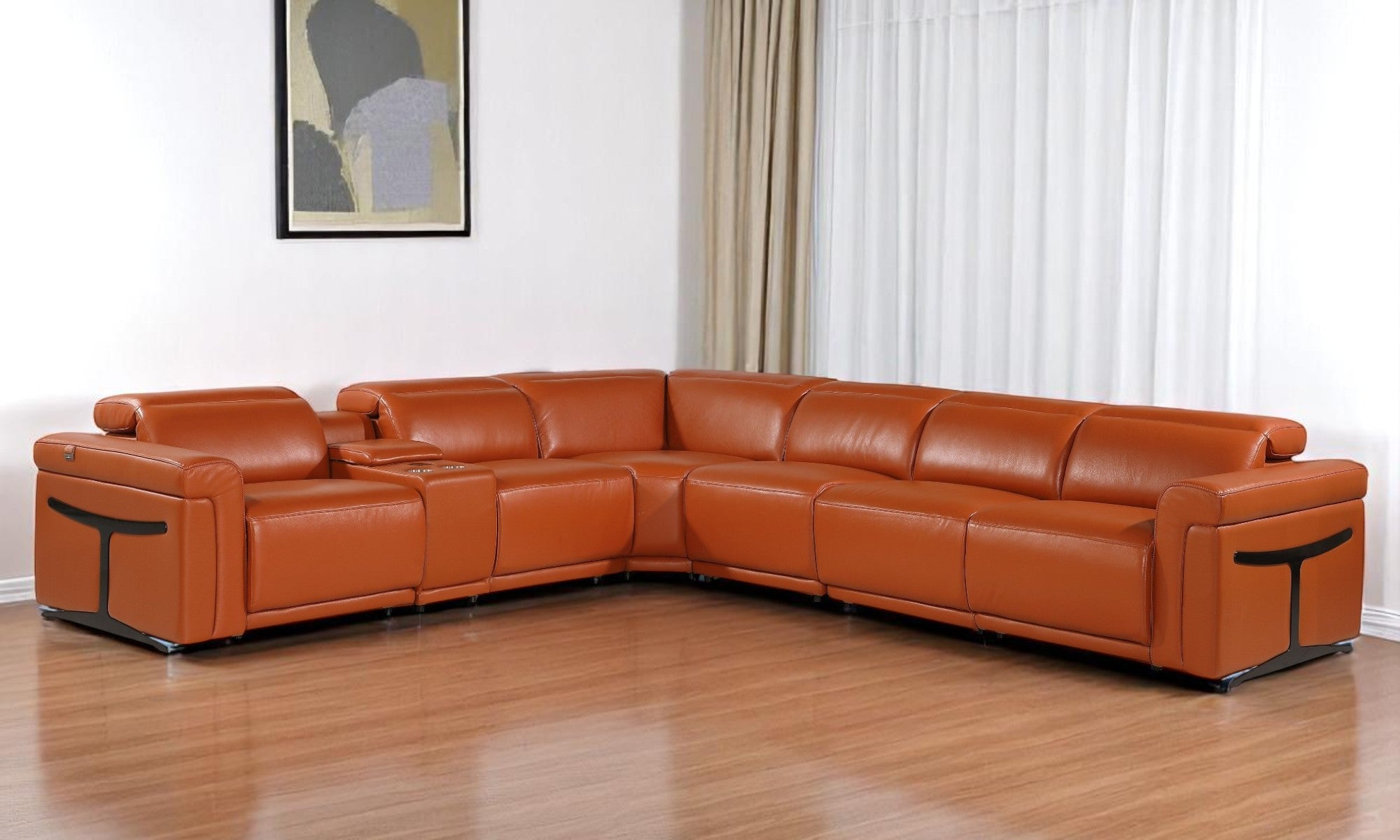 Camel Italian Leather Modular L Shaped Seven Piece Corner Sectional With Console-1