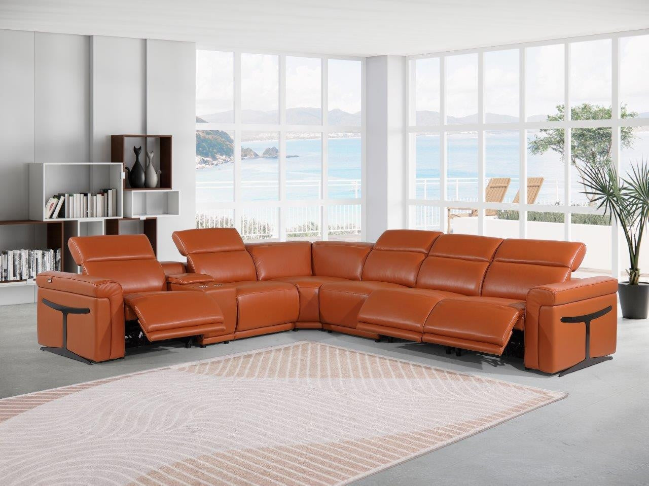 Camel Italian Leather Modular L Shaped Seven Piece Corner Sectional With Console-8