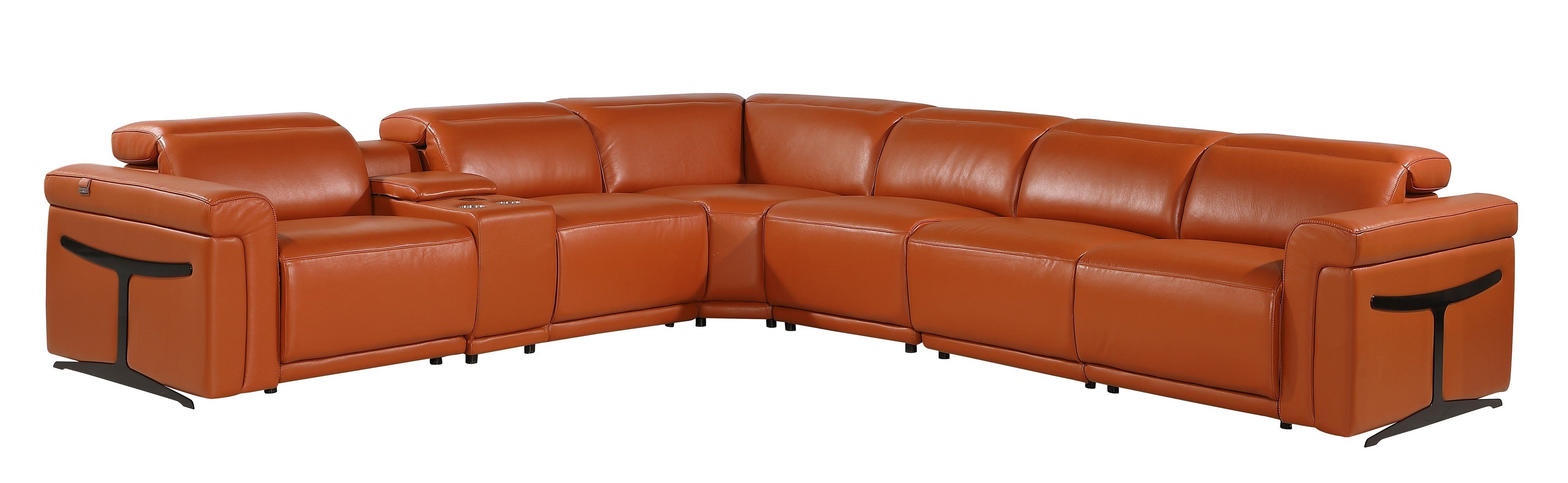 Camel Italian Leather Modular L Shaped Seven Piece Corner Sectional With Console-0
