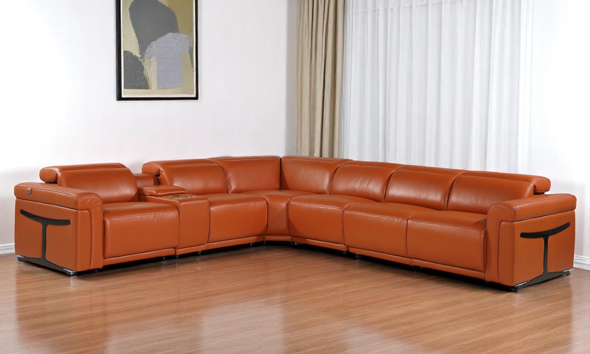 Camel Italian Leather Modular L Shaped Seven Piece Corner Sectional With Console-1