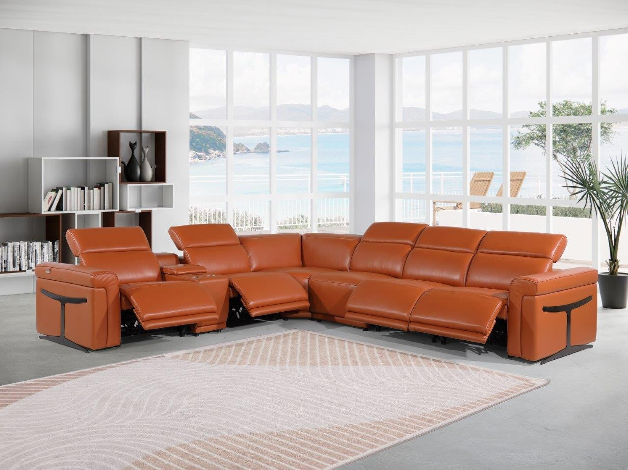 Camel Italian Leather Modular L Shaped Seven Piece Corner Sectional With Console-8