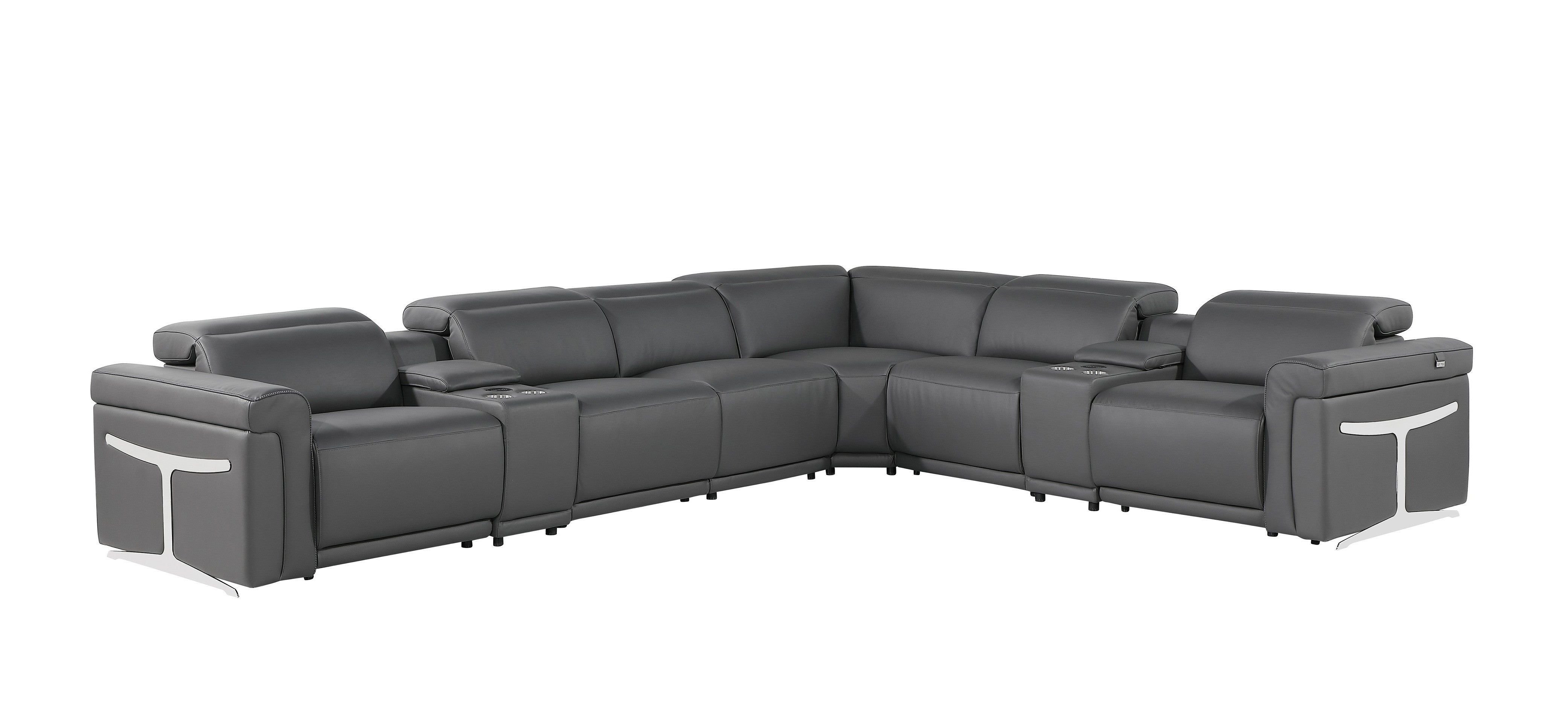 Gray Italian Leather Modular L Shaped Eight Piece Corner Sectional With Console-5