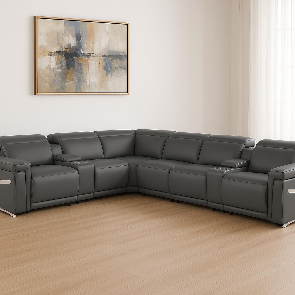 Gray Italian Leather Modular L Shaped Eight Piece Corner Sectional With Console-0