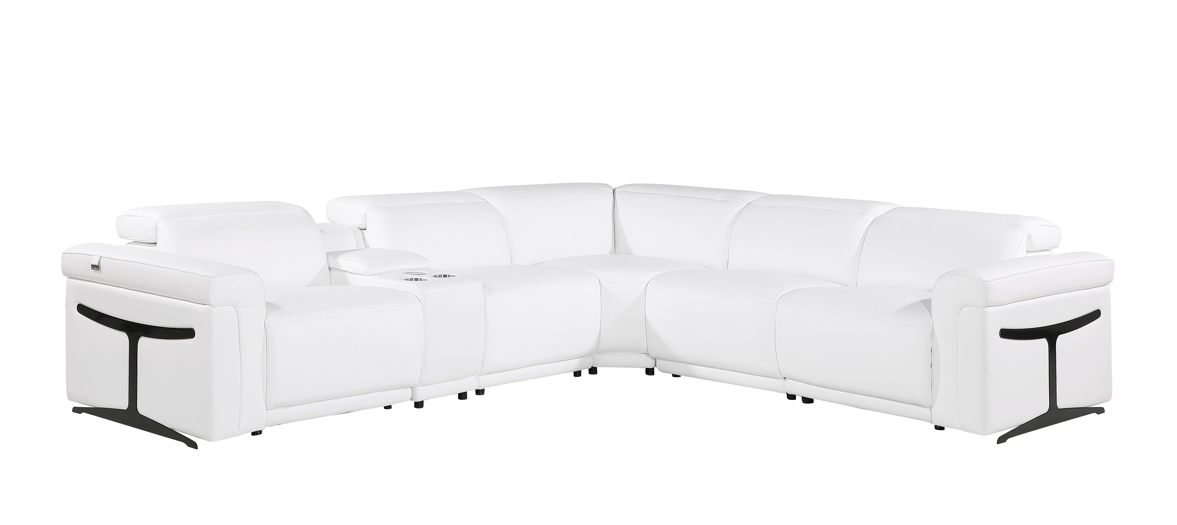 White Italian Leather Modular L Shaped Six Piece Corner Sectional With Console-1