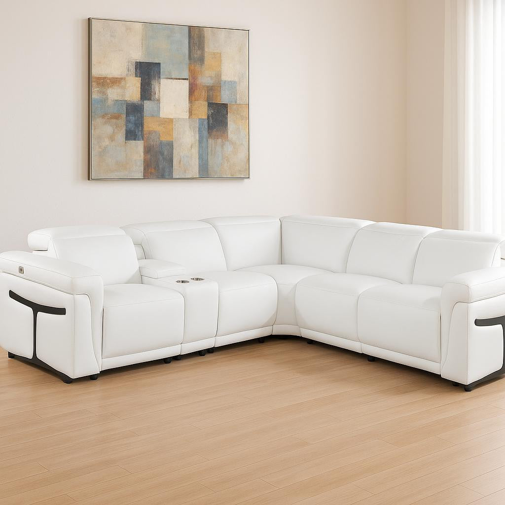 White Italian Leather Modular L Shaped Six Piece Corner Sectional With Console-0