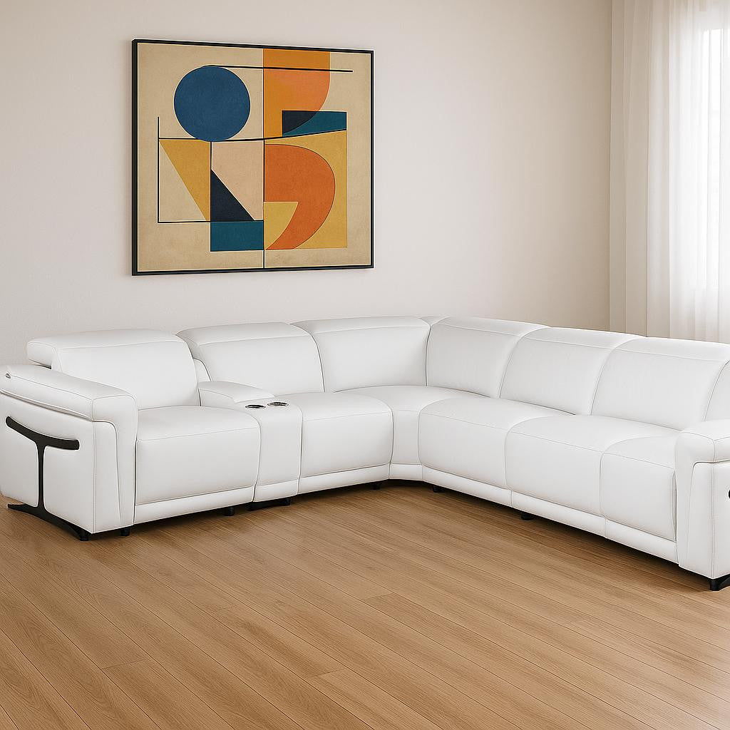 White Italian Leather Modular L Shaped Seven Piece Corner Sectional With Console-0