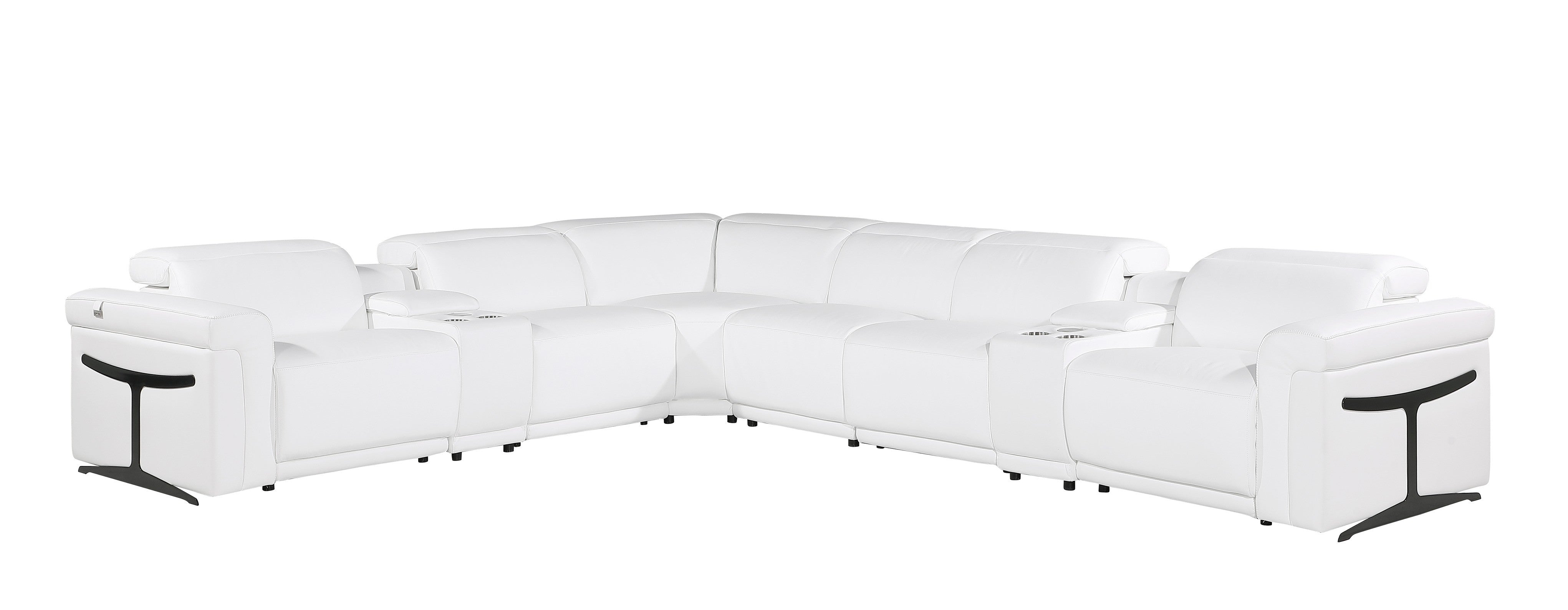 White Italian Leather Modular L Shaped Eight Piece Corner Sectional With Console-1