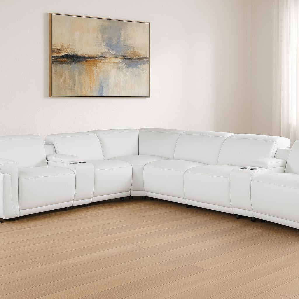 White Italian Leather Modular L Shaped Eight Piece Corner Sectional With Console-0