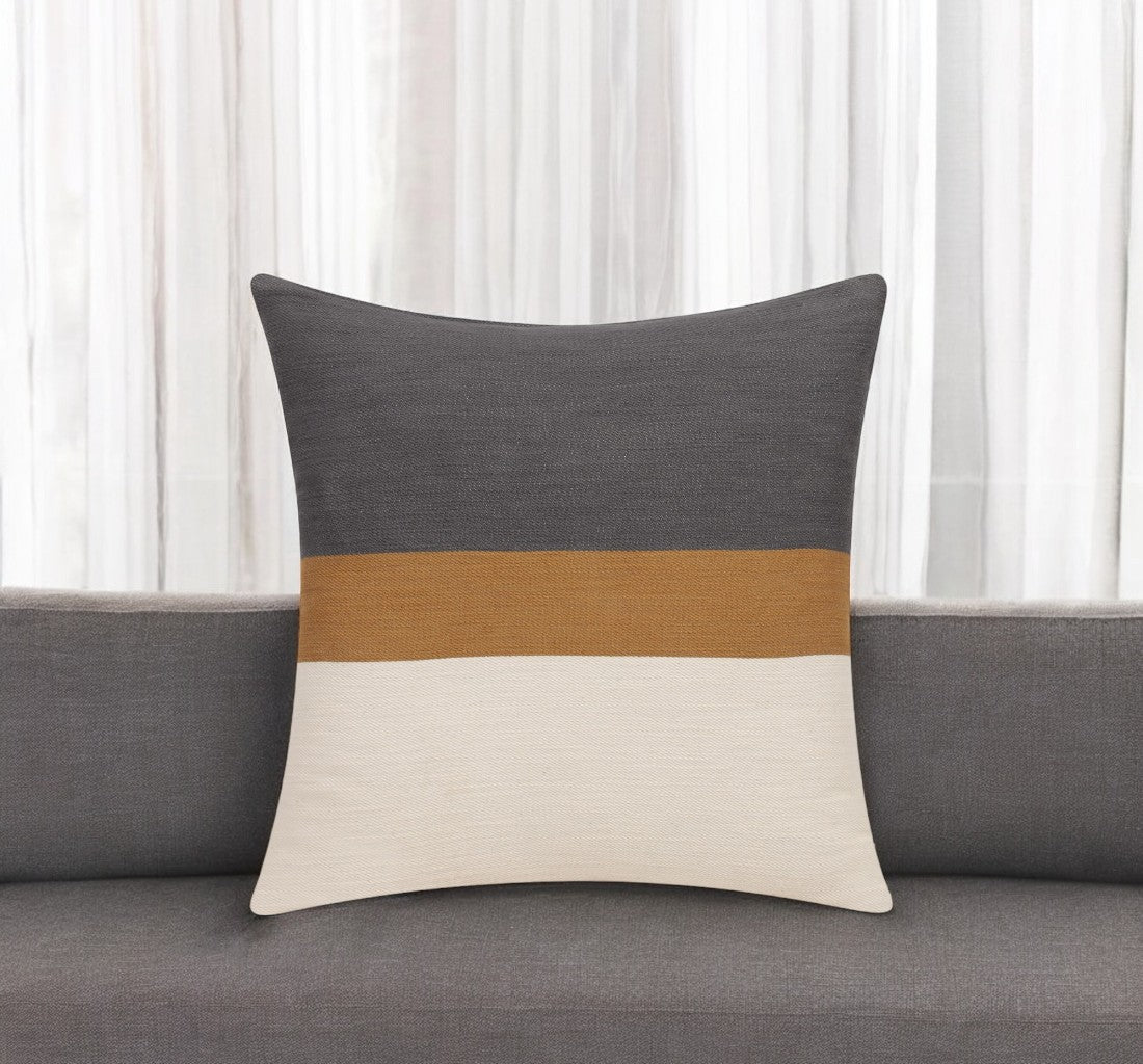24" Dark Gray Brown And Off White Cotton Striped Throw Pillow-0
