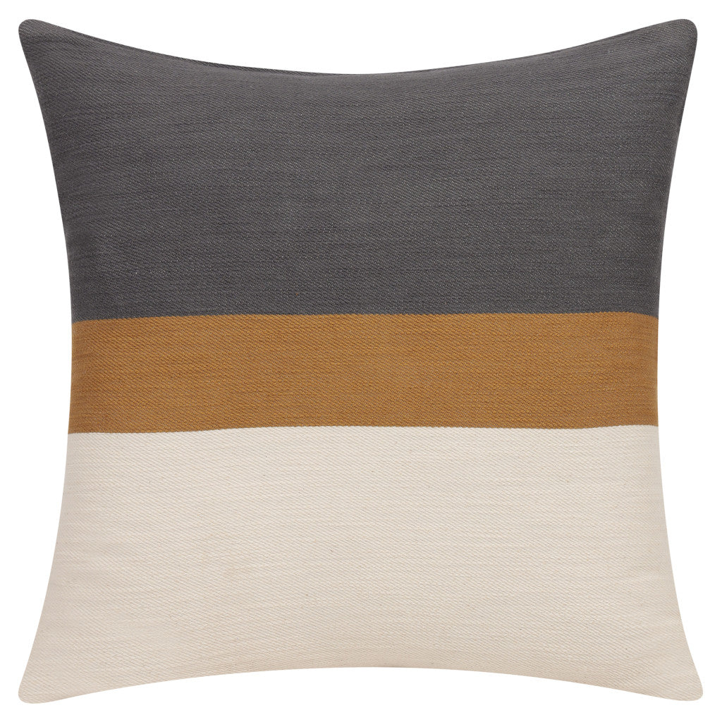24" Dark Gray Brown And Off White Cotton Striped Throw Pillow-1