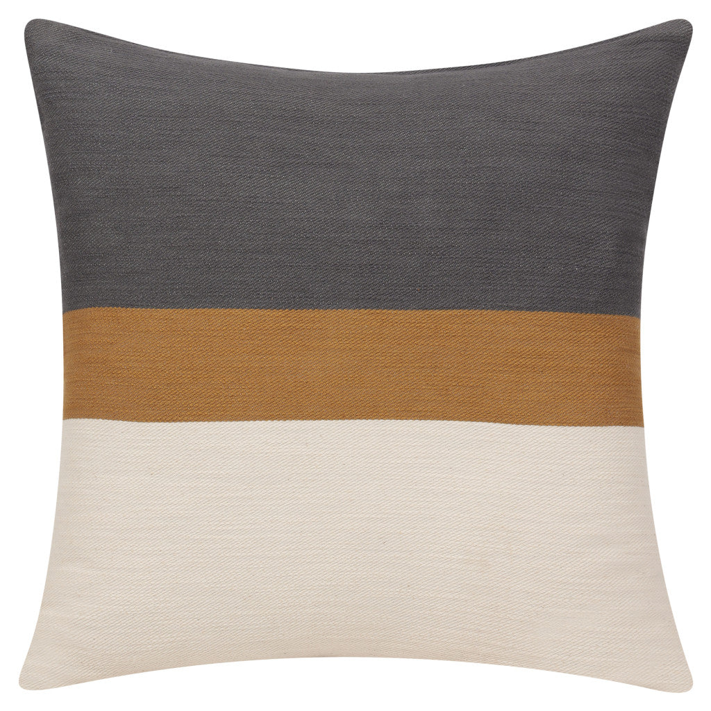 24" Dark Gray Brown And Off White Cotton Striped Throw Pillow-2