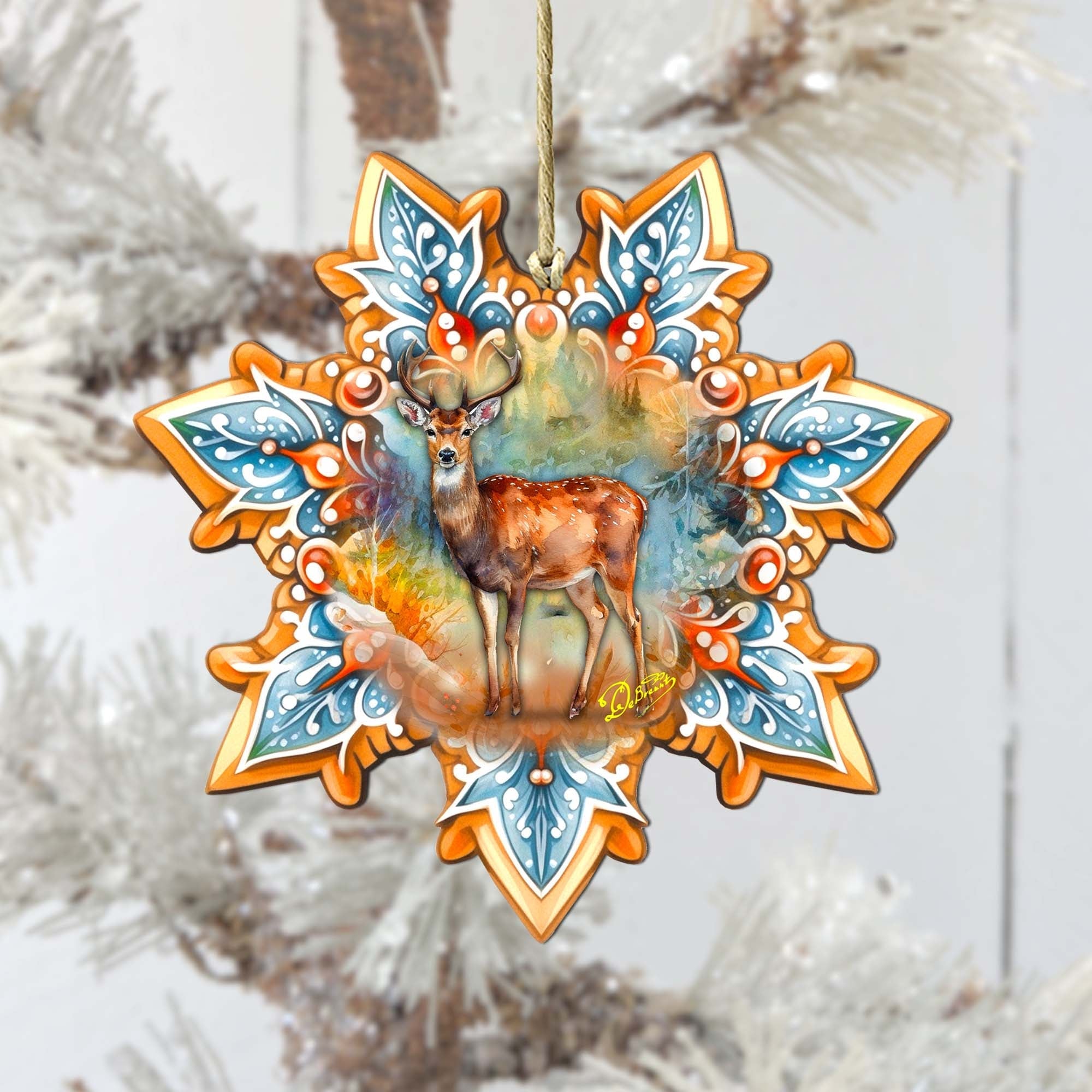Forest Elk Snowflake Large Wooden Ornament by G. Debrekht - Nature Wildlife Decor - 8688413M-4
