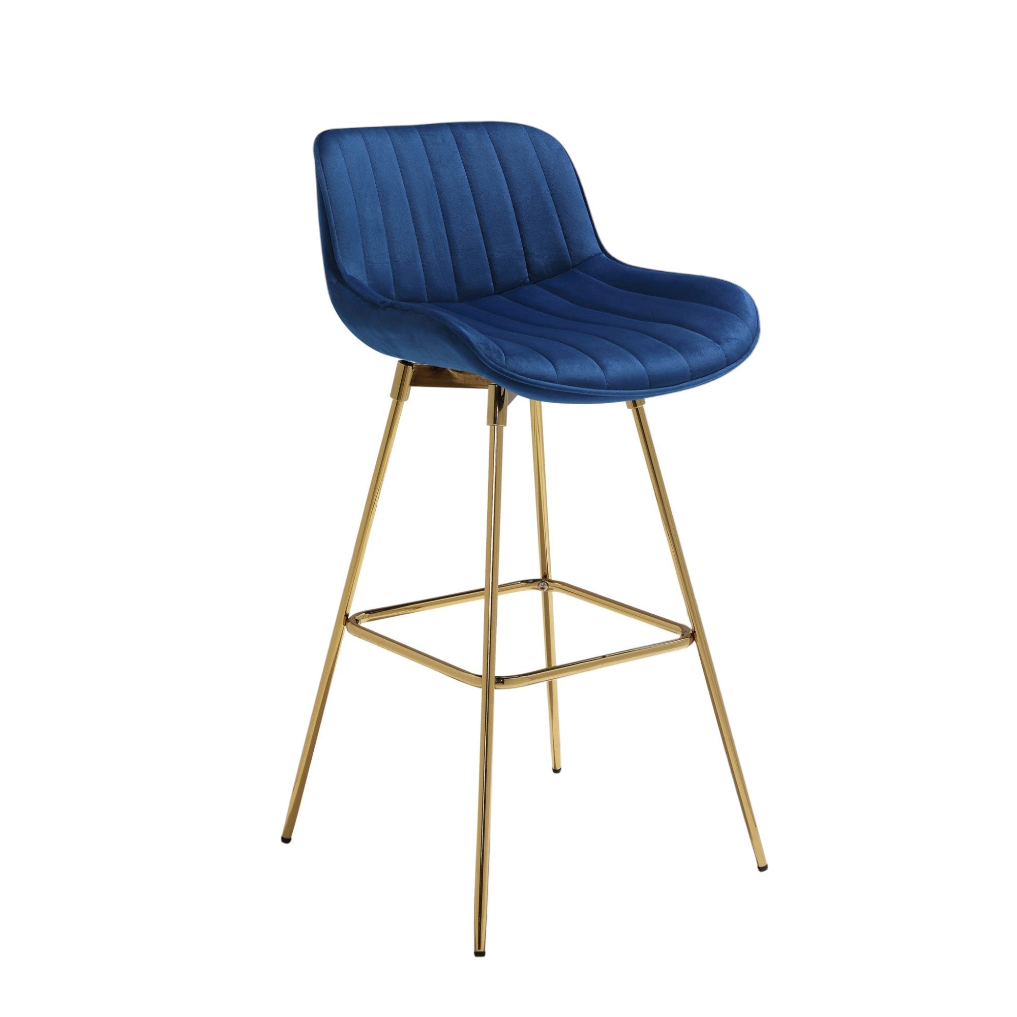 Set of Two 29" Blue and Gold Velvet and Metal Low Back Bar Height Swivel Bar Chairs-2