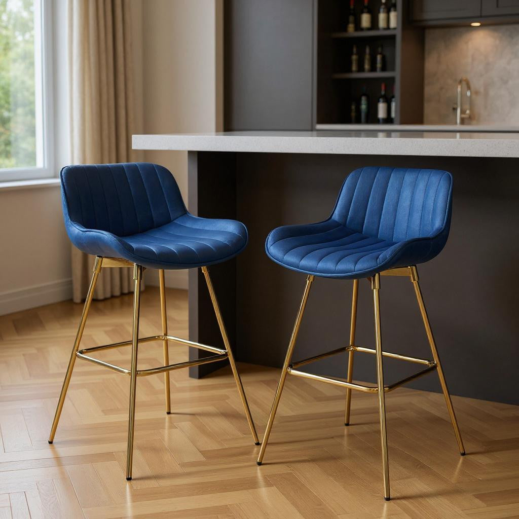 Set of Two 29" Blue and Gold Velvet and Metal Low Back Bar Height Swivel Bar Chairs-0