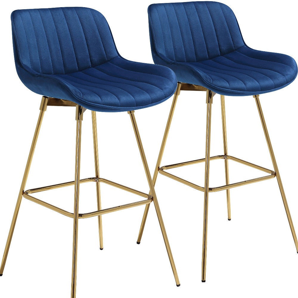 Set of Two 29" Blue and Gold Velvet and Metal Low Back Bar Height Swivel Bar Chairs-3