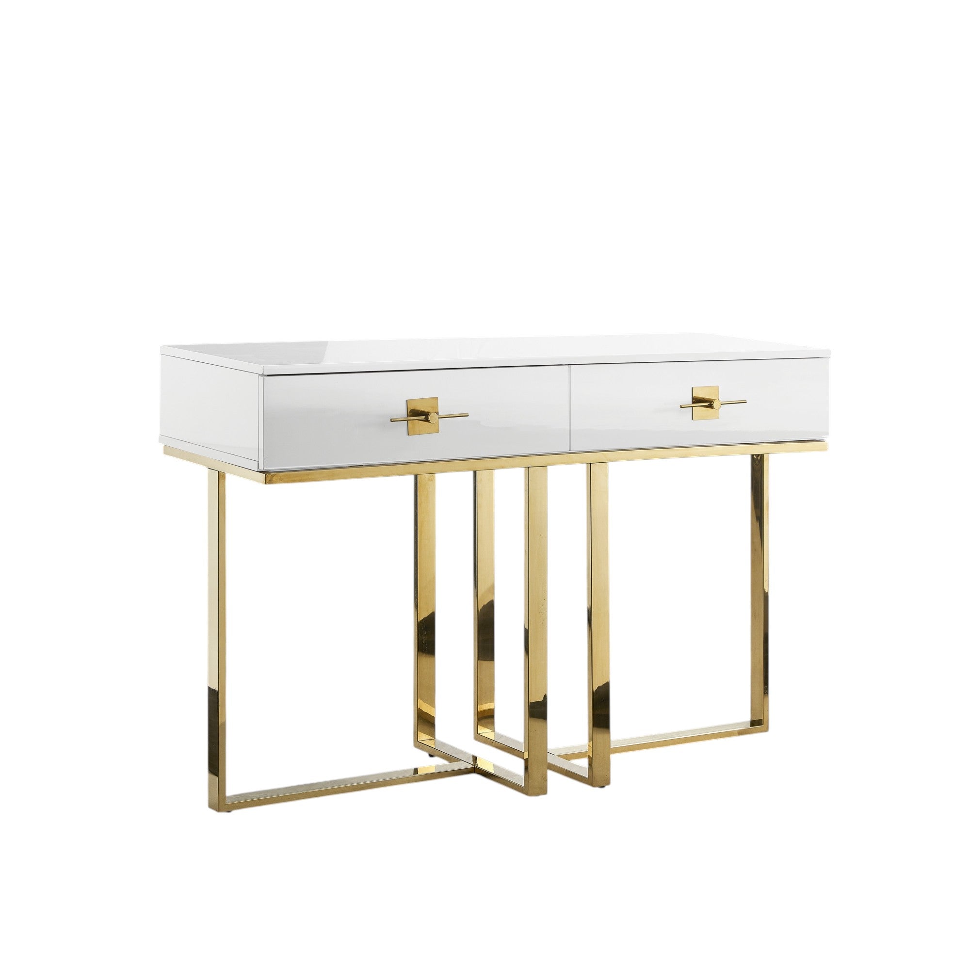 47" White Wood and Gold Stainless Steel Sled Console Table With Two Drawers-2