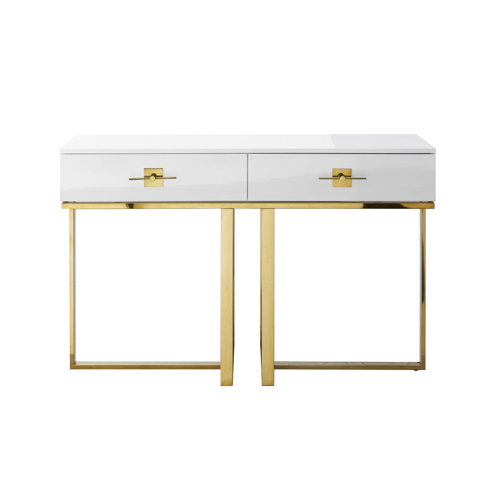 47" White Wood and Gold Stainless Steel Sled Console Table With Two Drawers-1