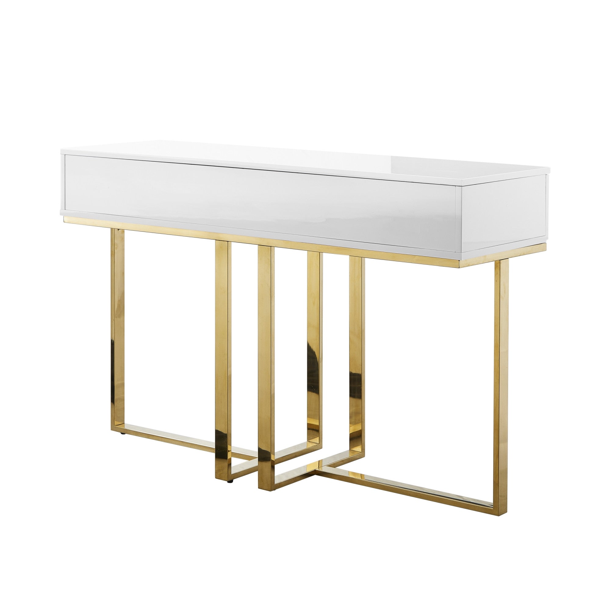 47" White Wood and Gold Stainless Steel Sled Console Table With Two Drawers-3