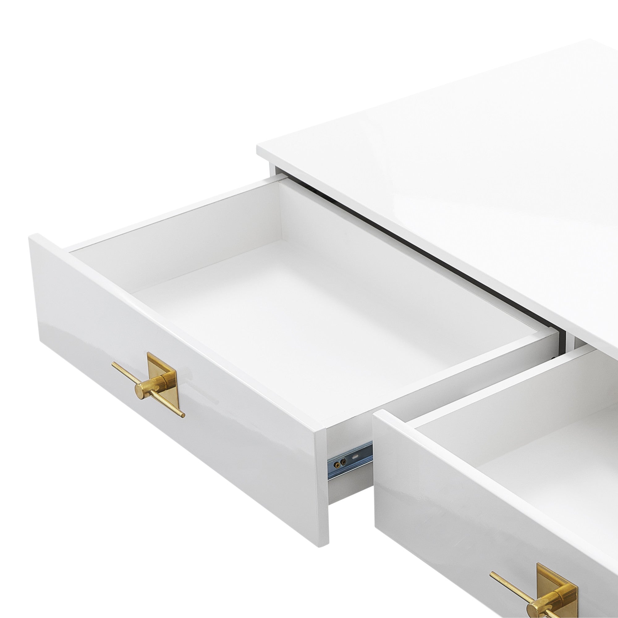 47" White Wood and Gold Stainless Steel Sled Console Table With Two Drawers-6