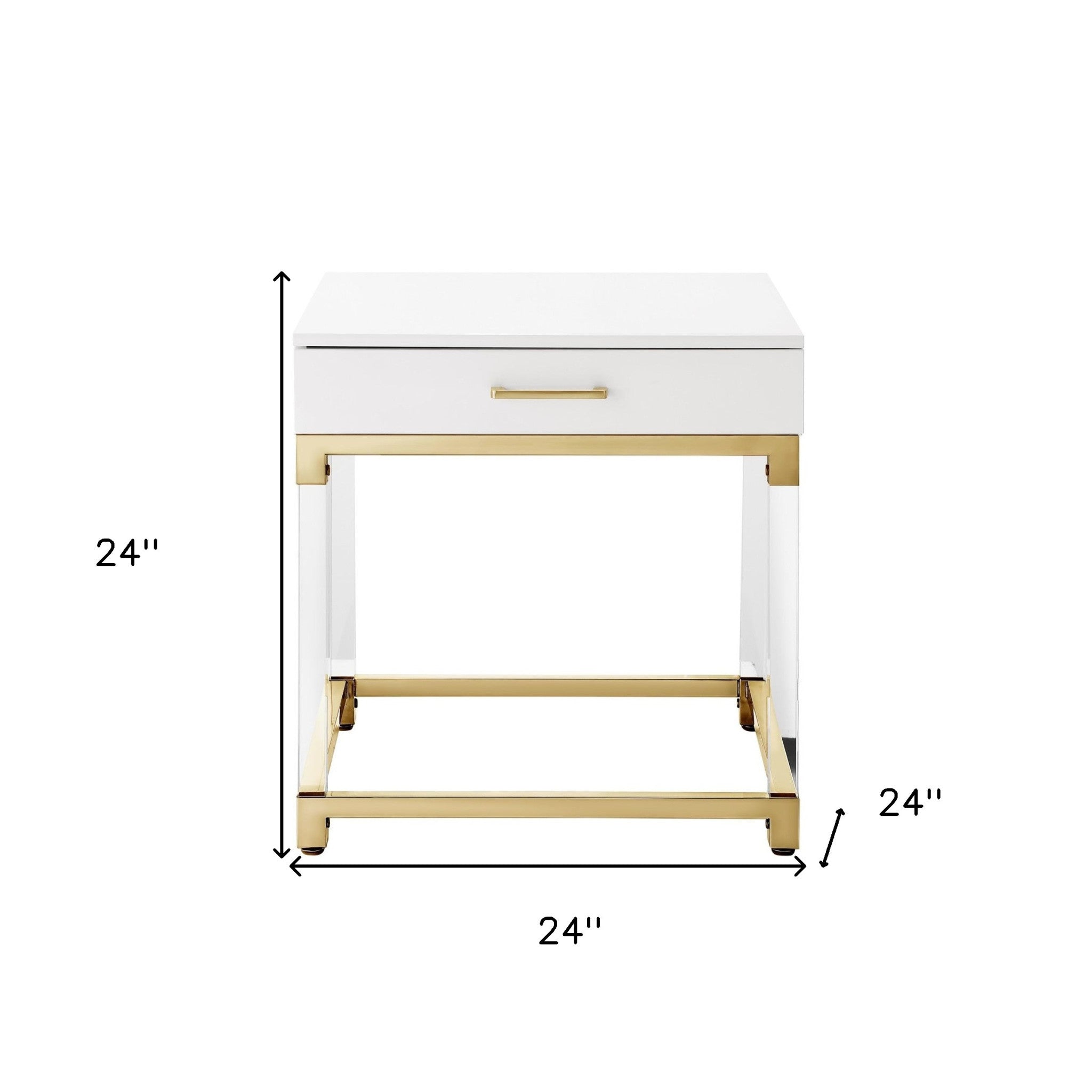 24" White and Gold Wood Acrylic and Stainless Steel Square End Table With Drawer-8