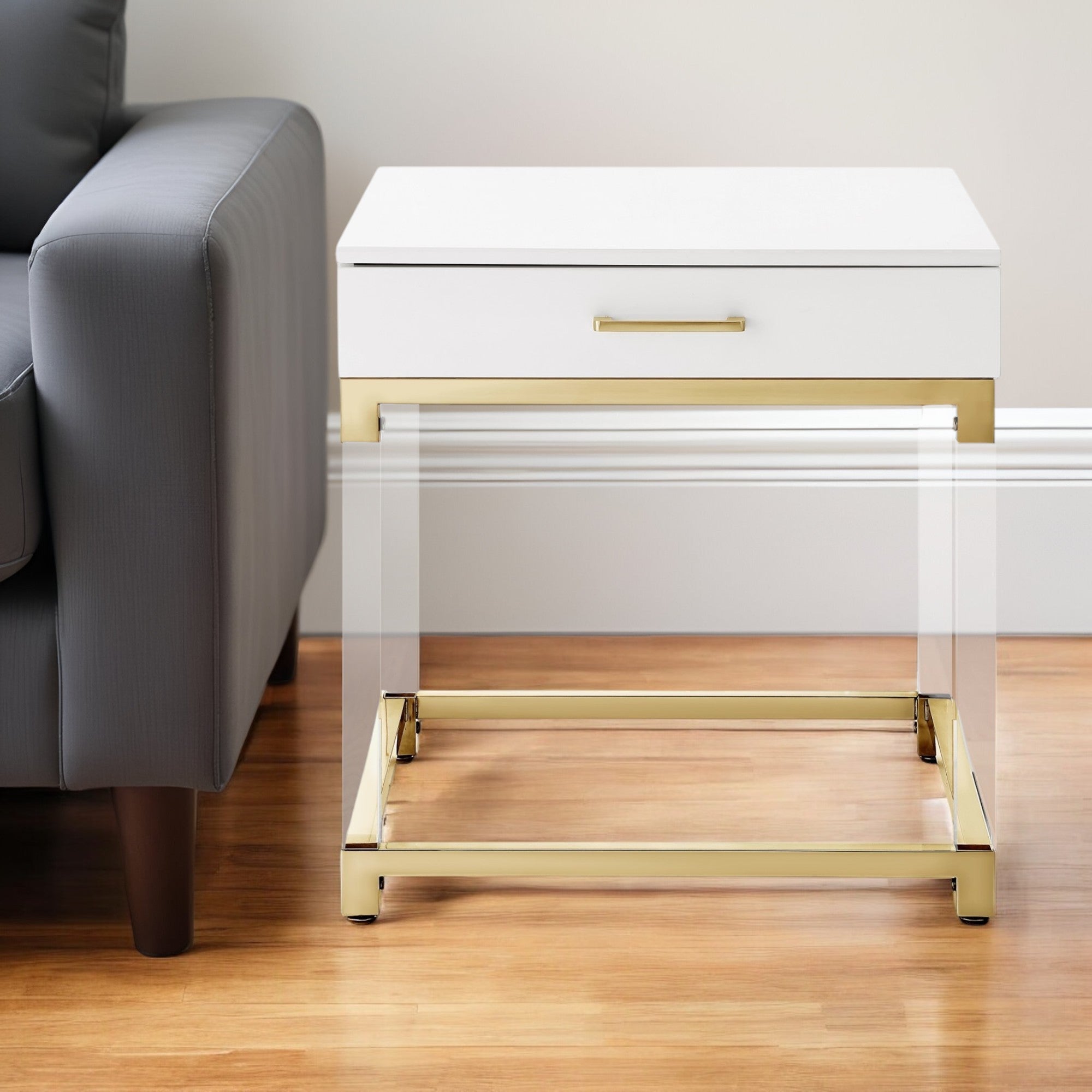 24" White and Gold Wood Acrylic and Stainless Steel Square End Table With Drawer-0