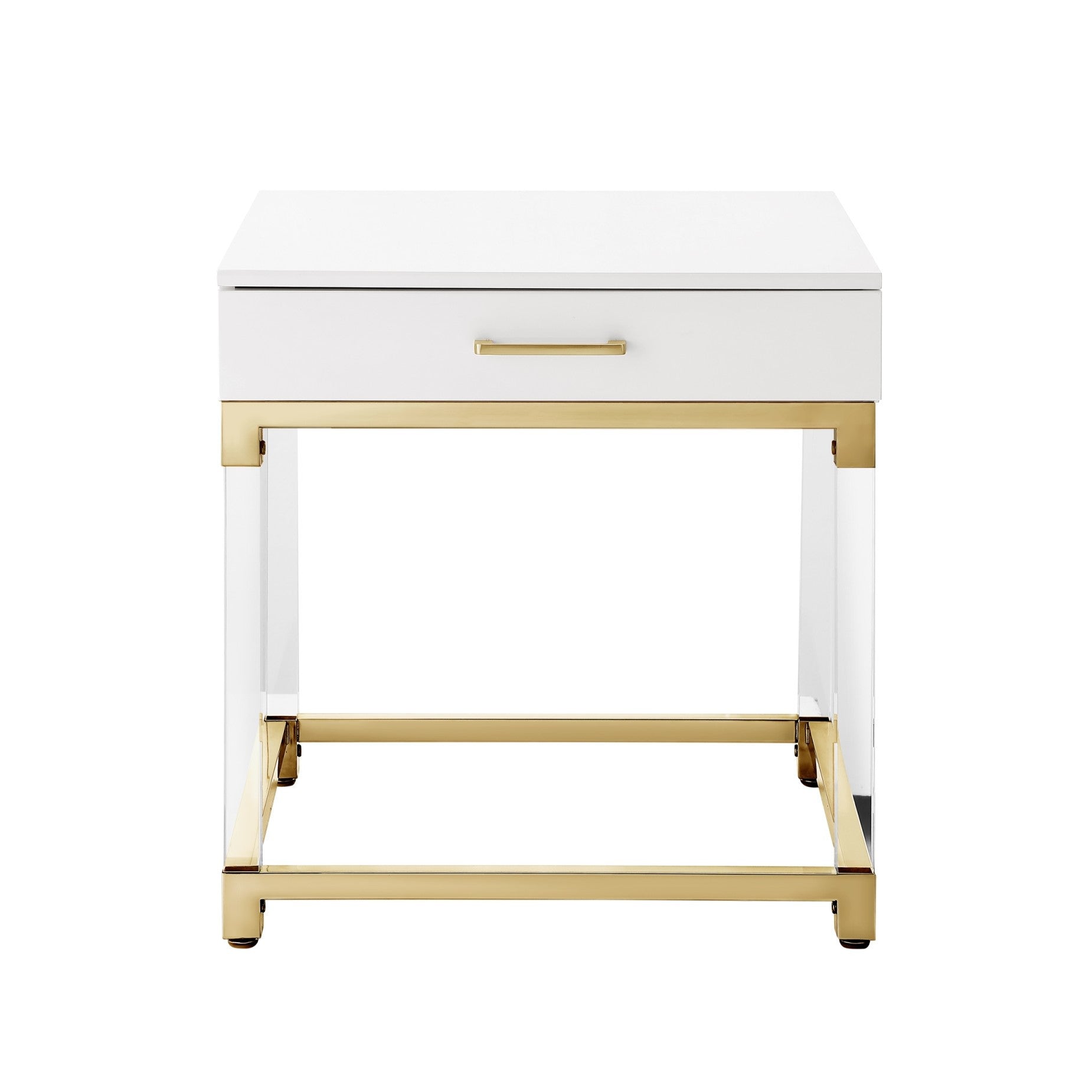 24" White and Gold Wood Acrylic and Stainless Steel Square End Table With Drawer-1