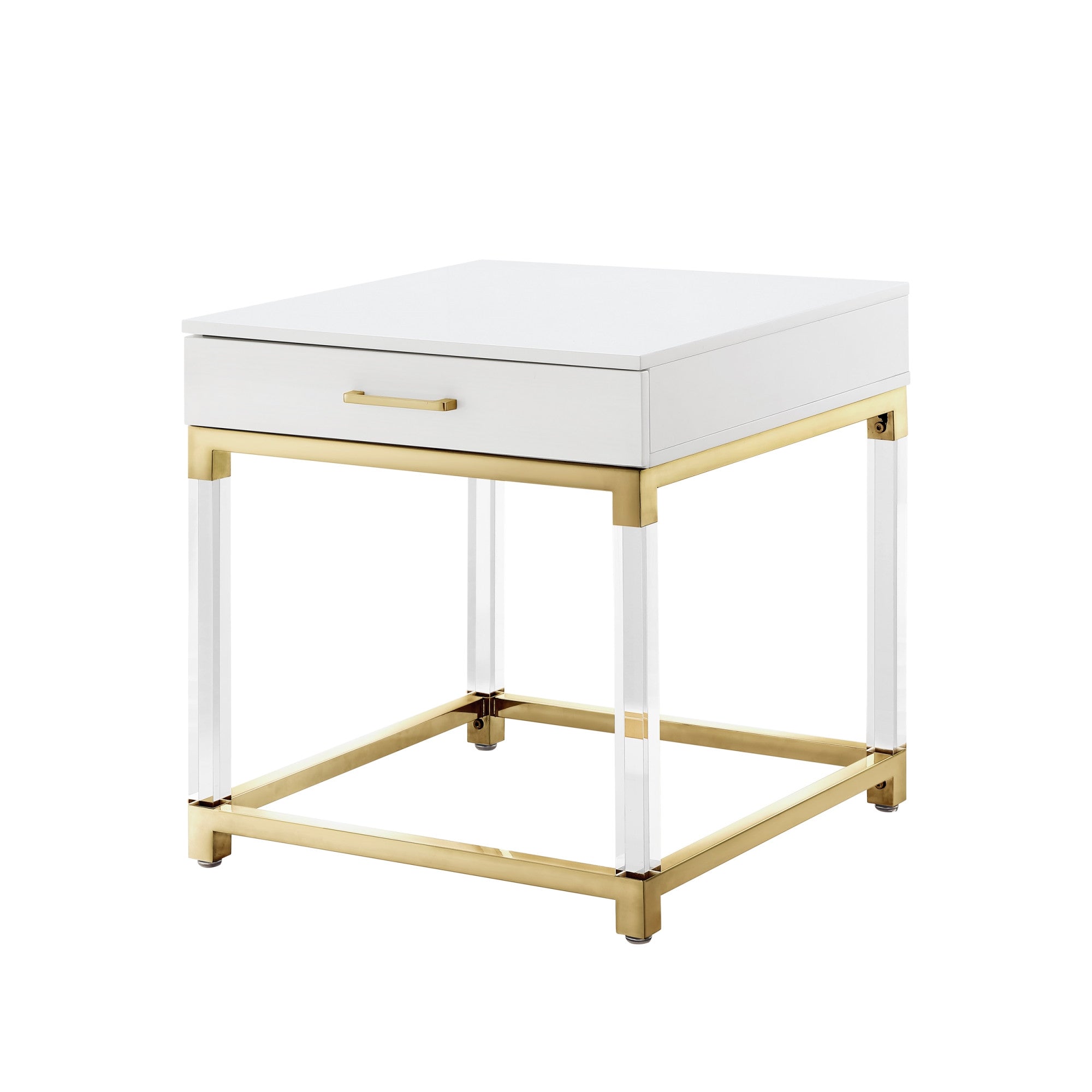 24" White and Gold Wood Acrylic and Stainless Steel Square End Table With Drawer-2