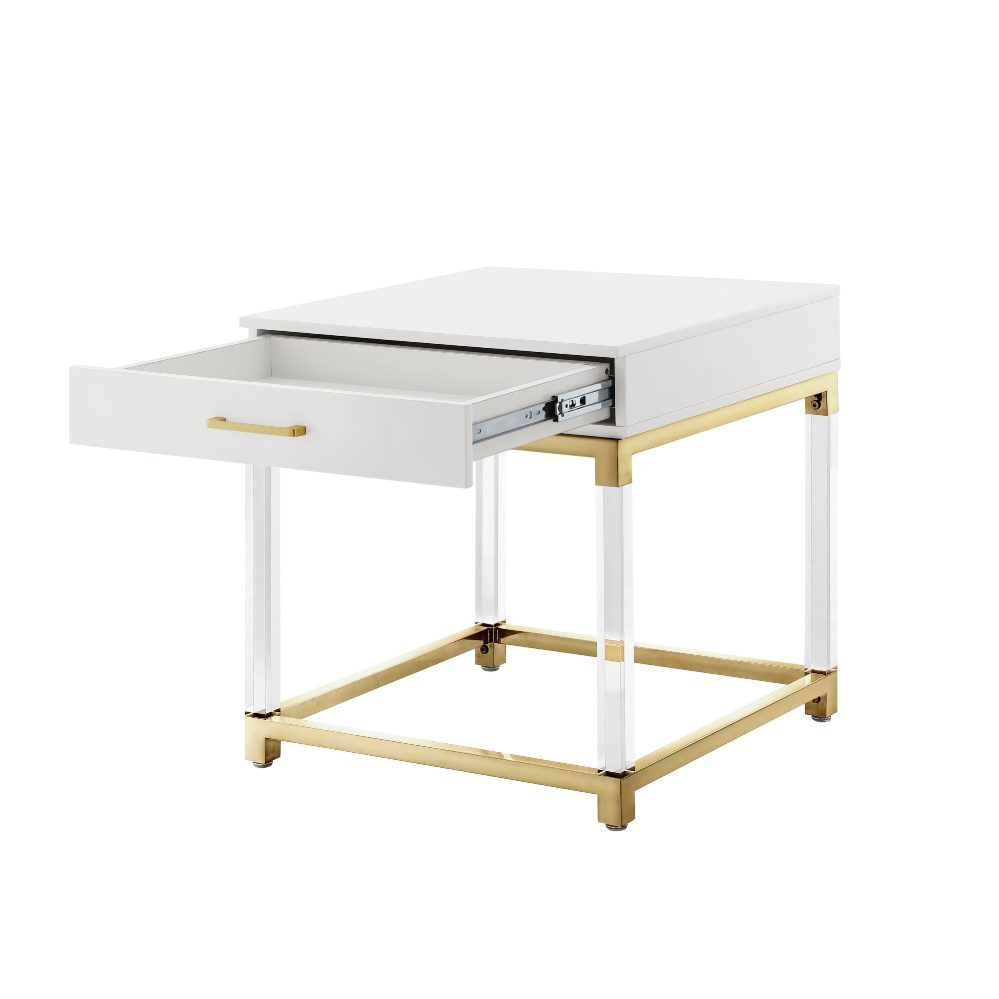 24" White and Gold Wood Acrylic and Stainless Steel Square End Table With Drawer-3