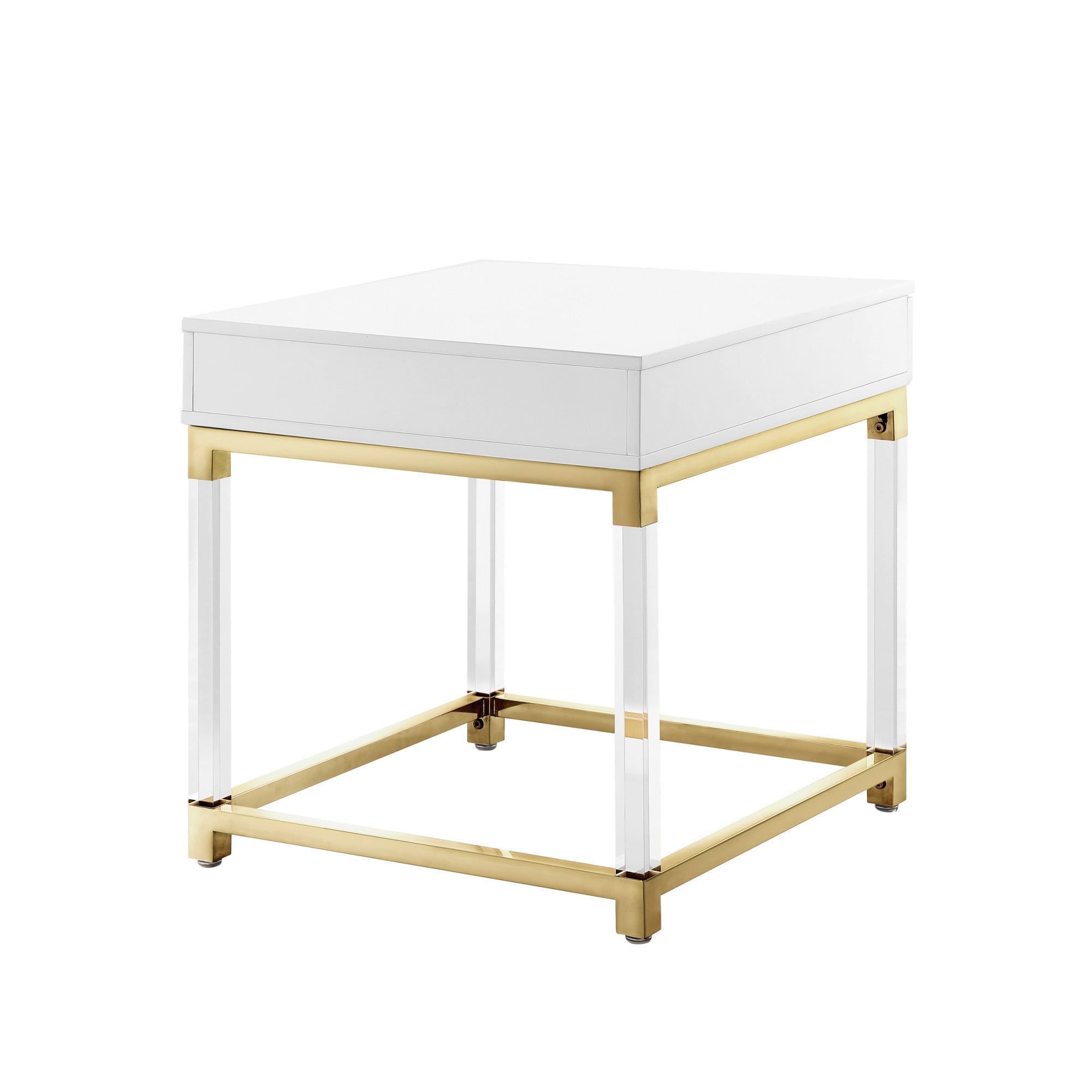 24" White and Gold Wood Acrylic and Stainless Steel Square End Table With Drawer-4