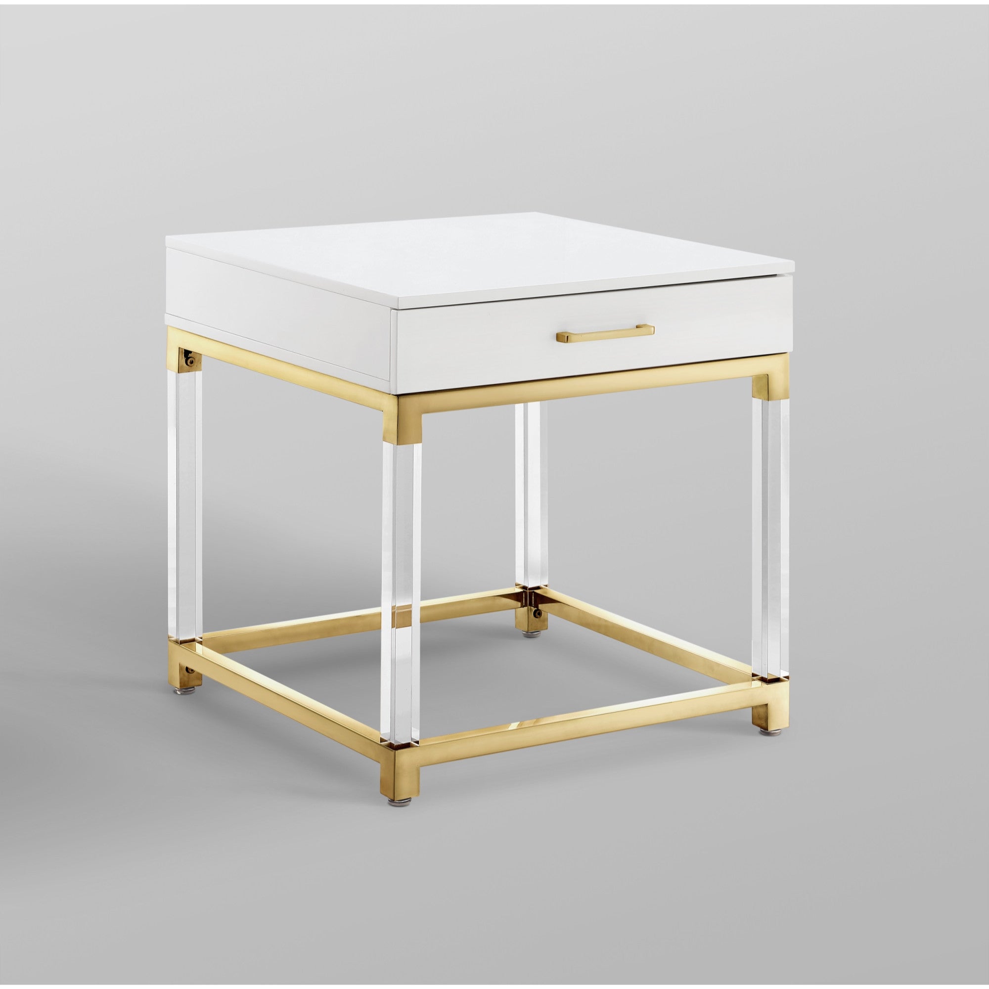 24" White and Gold Wood Acrylic and Stainless Steel Square End Table With Drawer-6