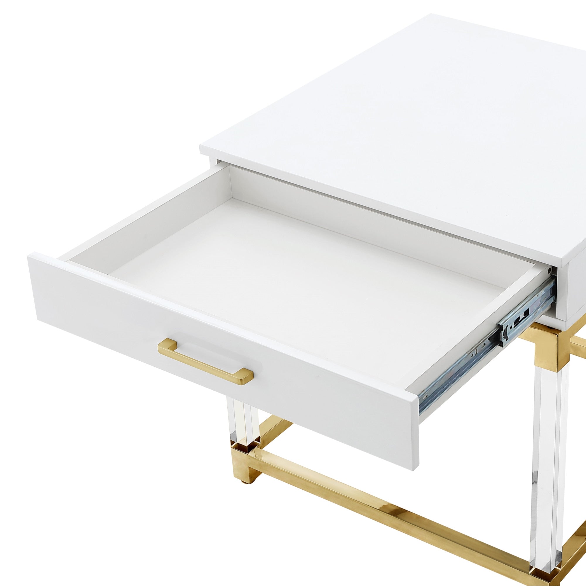 24" White and Gold Wood Acrylic and Stainless Steel Square End Table With Drawer-5