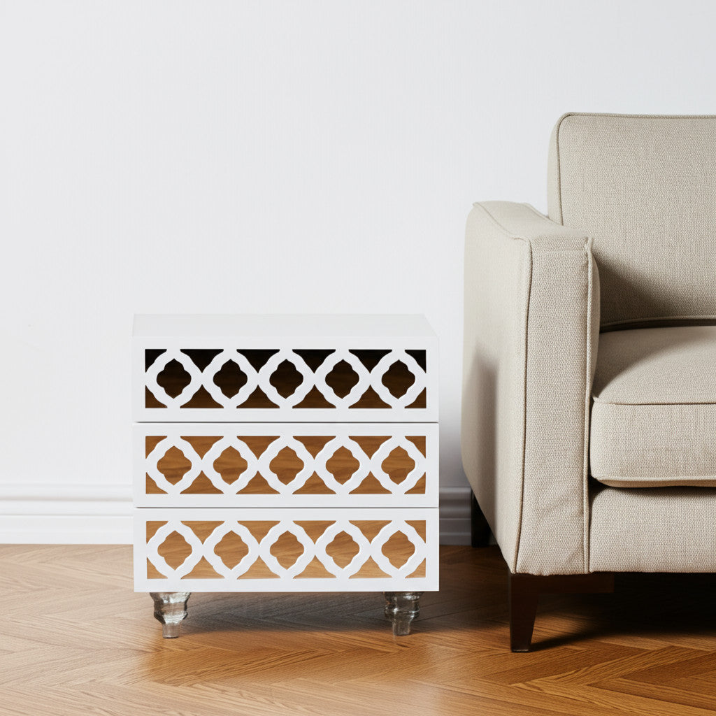 24" Clear And White Wood Mirrored End Table With Three Drawers-1