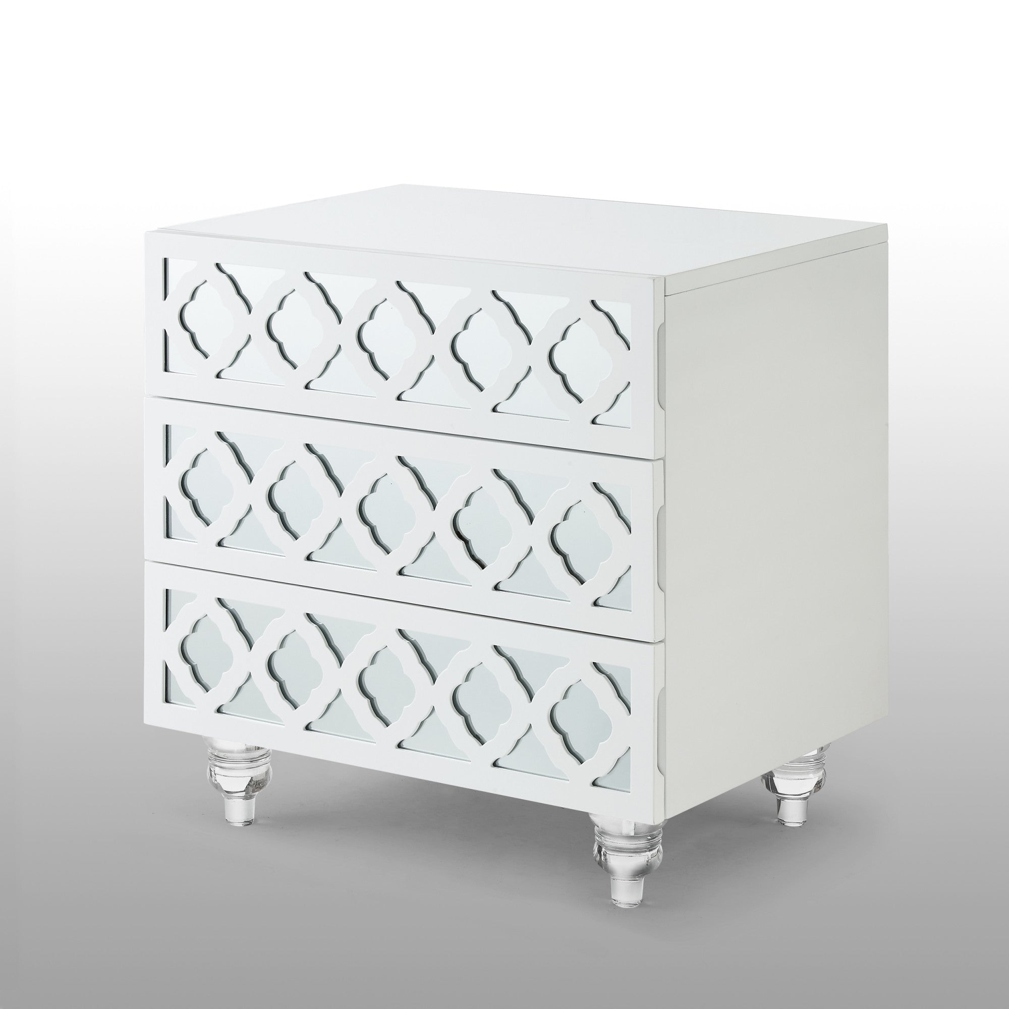 24" Clear And White Wood Mirrored End Table With Three Drawers-7