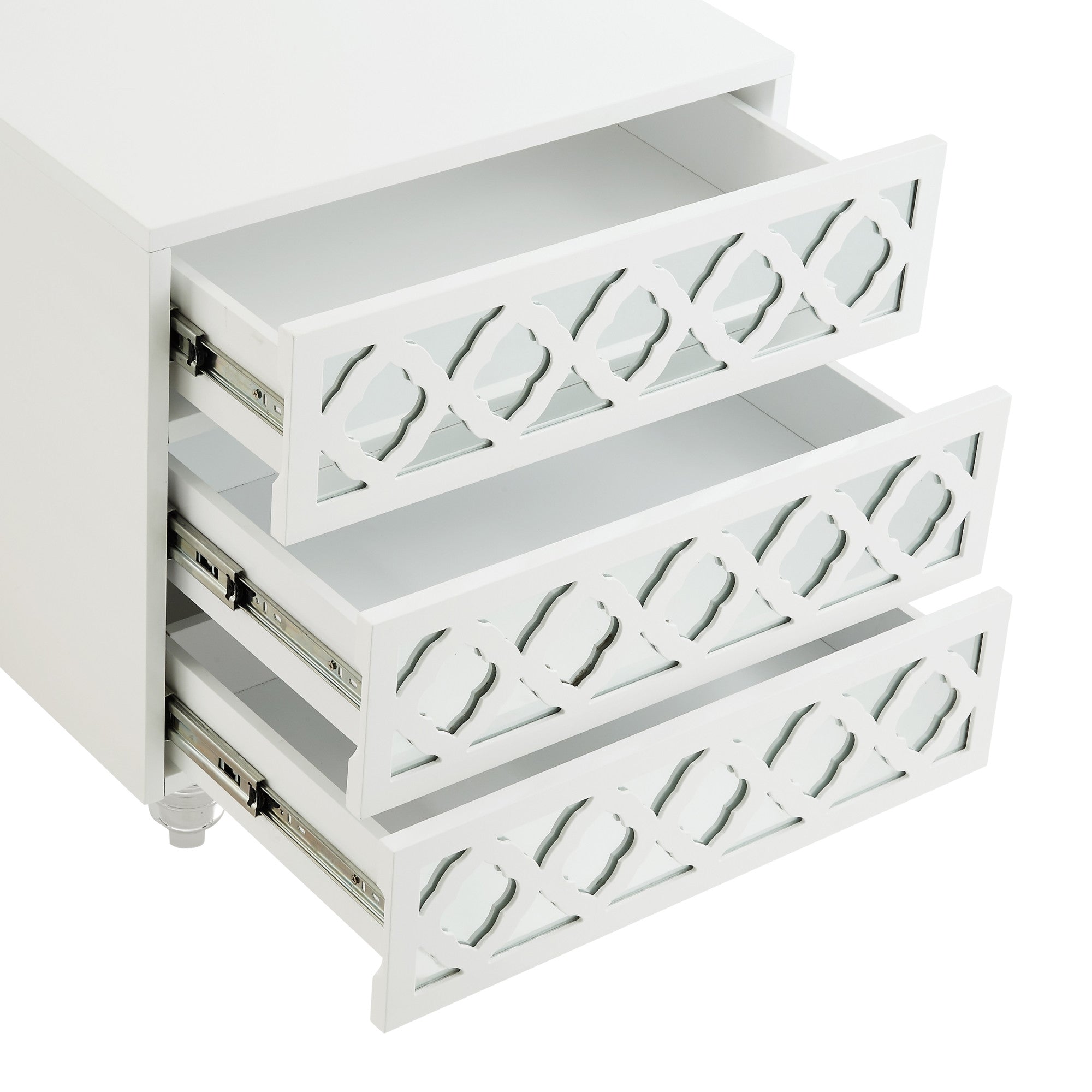 24" Clear And White Wood Mirrored End Table With Three Drawers-5